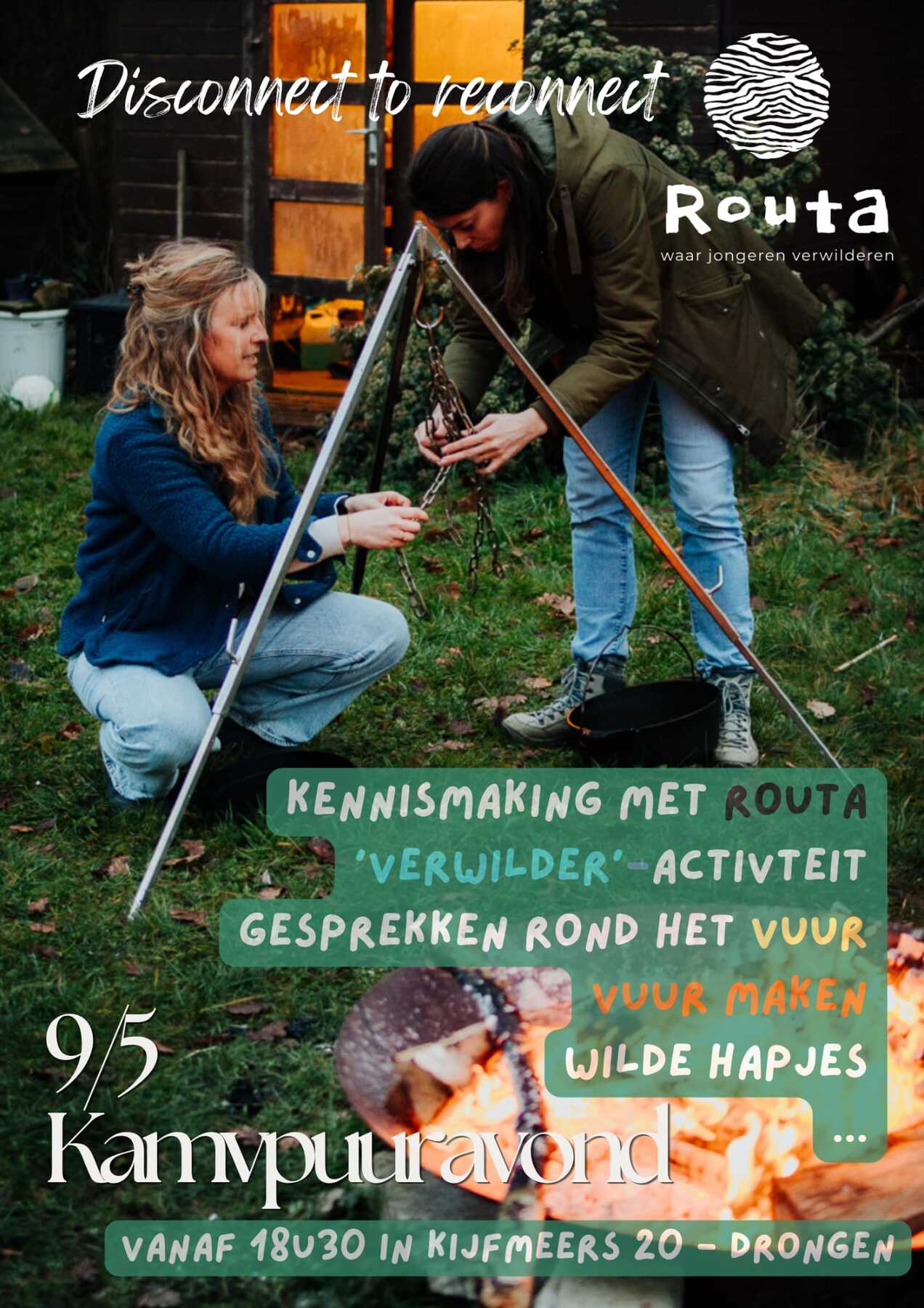 Flyer kampvuuravond Routa - 9 mei 2026 in de Assels Drongen